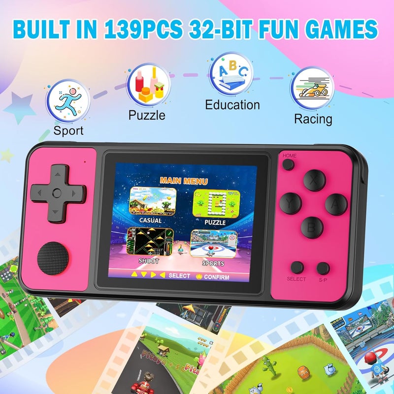 BEICO 32 Bit Kids Handheld Games Preloaded 139 Video Games,Portable Electronic Toys with 3.0" IPS Screen Rechargeable Battery,Gaming System Birthday Gifts for Boys Girls Ages 4-12 (Rose-Red) - Image 2